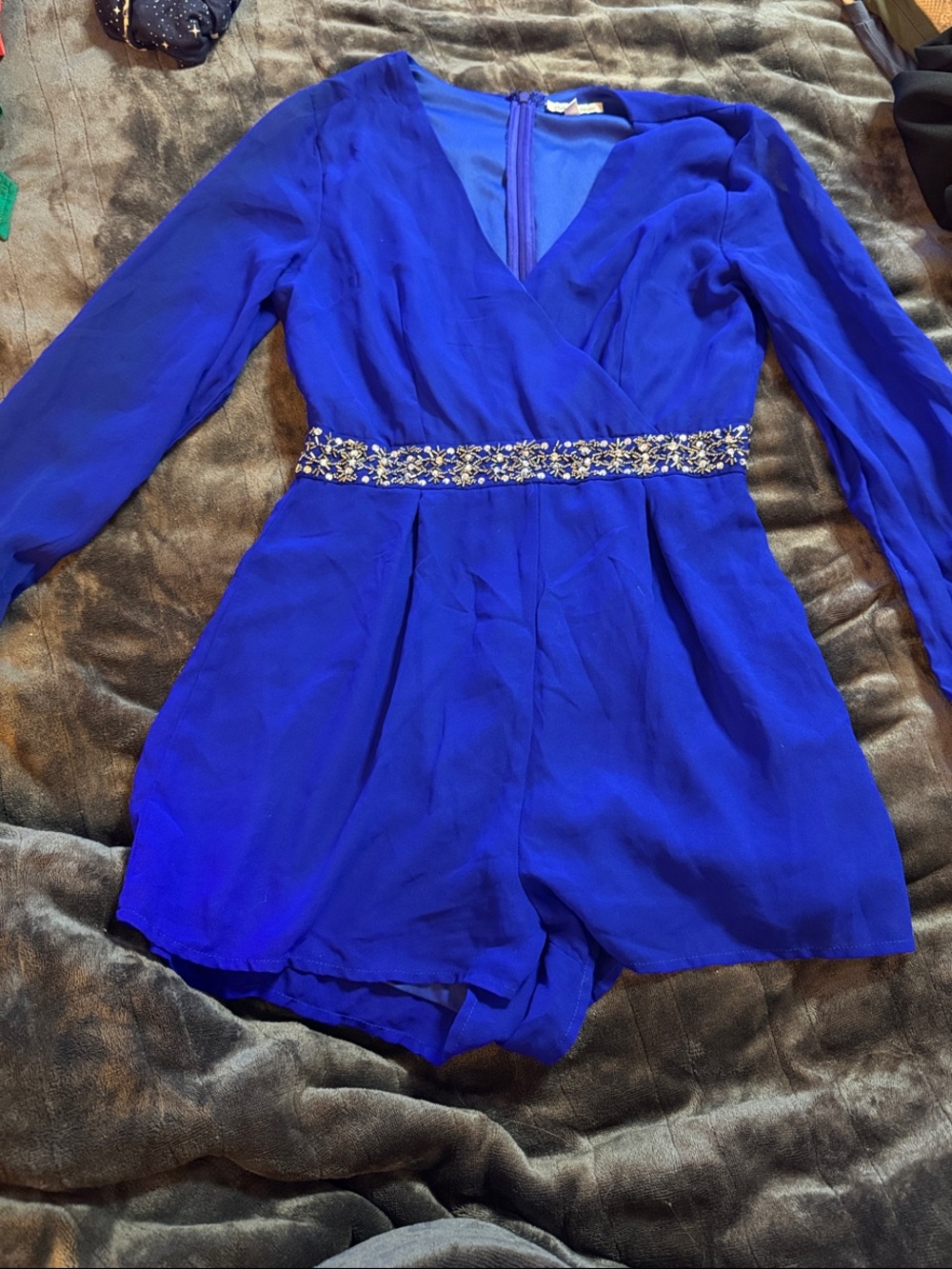Blue Beaded Waist One-Piece Romper